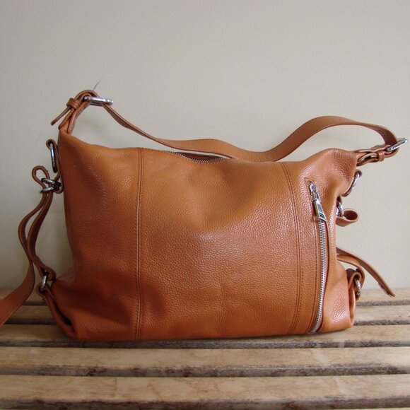 Heshe Genuine Pepple Grain Leather Tote Shoulder Bag Satchel Purse Tan Brown - Picture 2 of 15